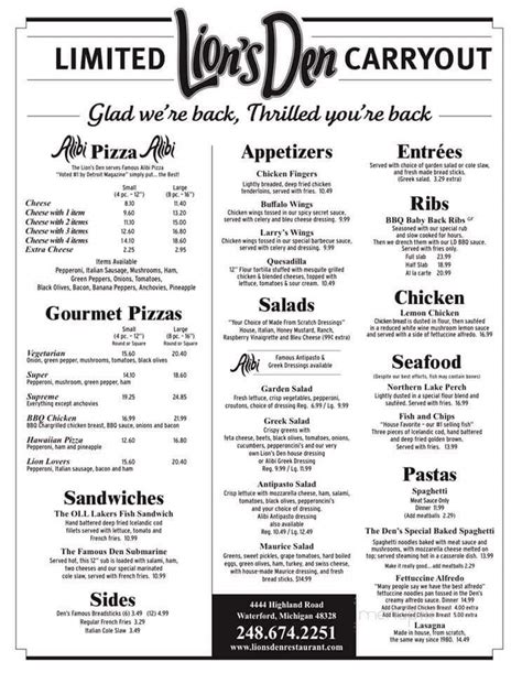 lions den menu waterford Lion's Den, Waterford: See 268 unbiased reviews of Lion's Den, rated 4 of 5 on Tripadvisor and ranked #1 of 140 restaurants in Waterford